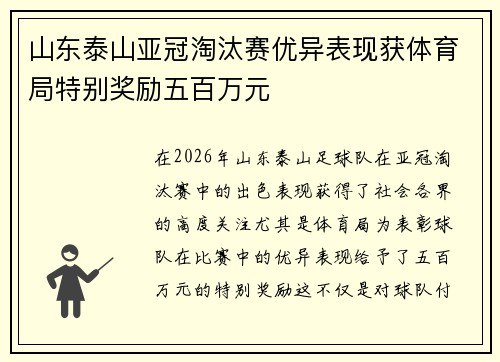 山东泰山亚冠淘汰赛优异表现获体育局特别奖励五百万元